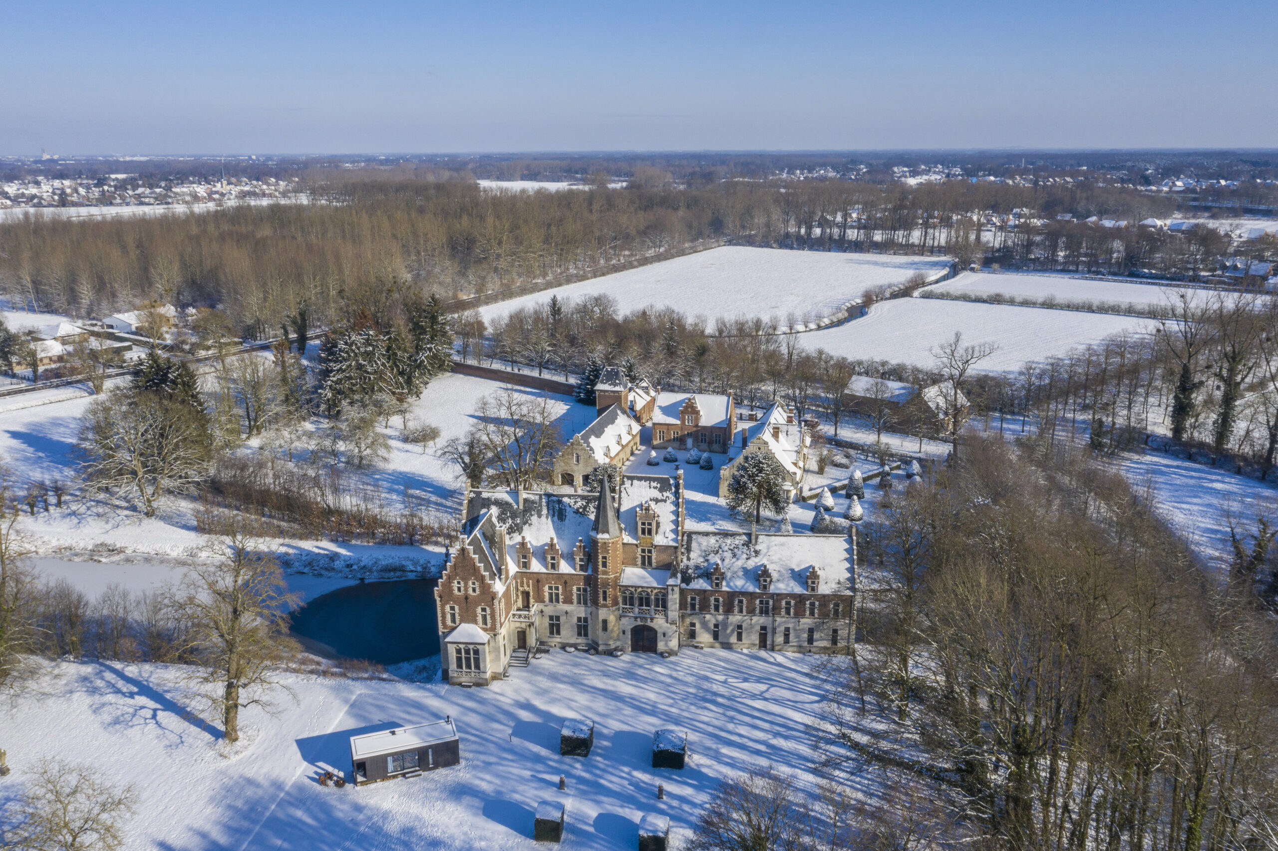 Rubens Castle, Elewijt, captured by drone in snow.